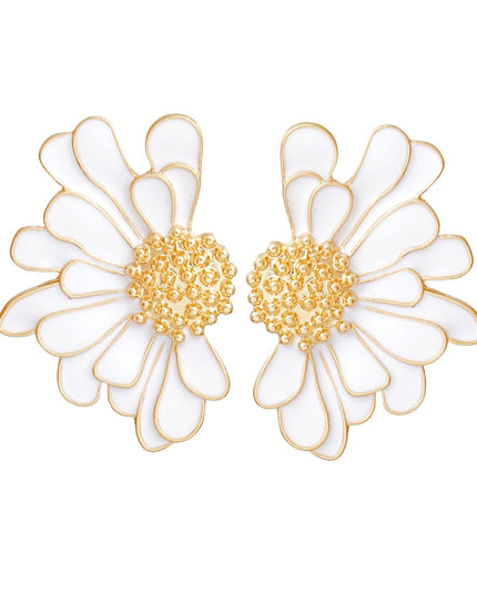 Women's Stud Earrings Gold Metal and White Epoxy Half Daisy Flower Earrings Featuring Gold Studded Center. Post Backing.
