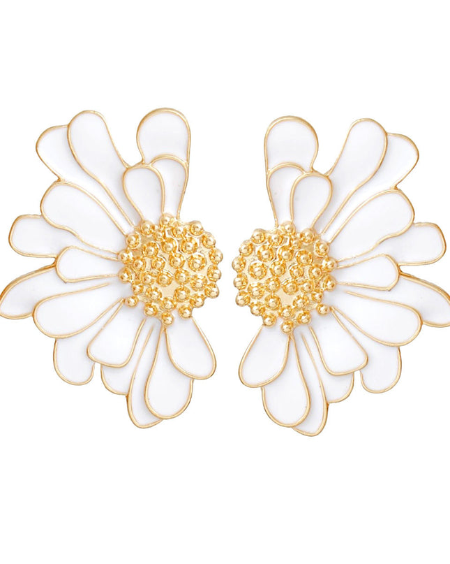 Women's Stud Earrings Gold Metal and White Epoxy Half Daisy Flower Earrings Featuring Gold Studded Center. Post Backing.