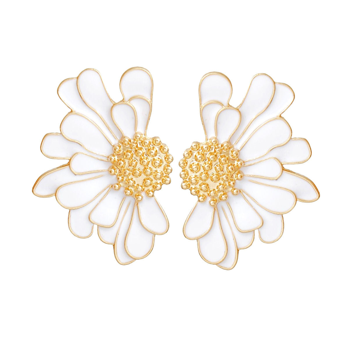 Women's Stud Earrings Gold Metal and White Epoxy Half Daisy Flower Earrings Featuring Gold Studded Center. Post Backing.