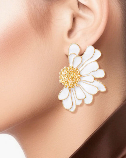 Women's Stud Earrings Gold Metal and White Epoxy Half Daisy Flower Earrings Featuring Gold Studded Center. Post Backing.