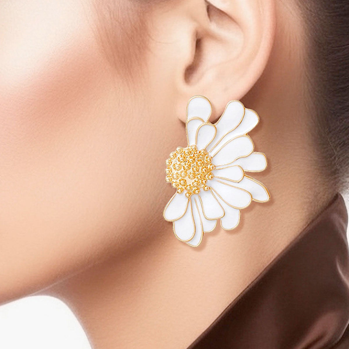 Women's Stud Earrings Gold Metal and White Epoxy Half Daisy Flower Earrings Featuring Gold Studded Center. Post Backing.