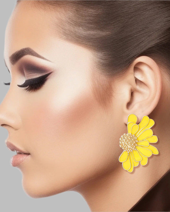 Women's Stud Earrings Gold Metal and Yellow Epoxy Half Daisy Flower Earrings Featuring Gold Studded Center. Post Backing.