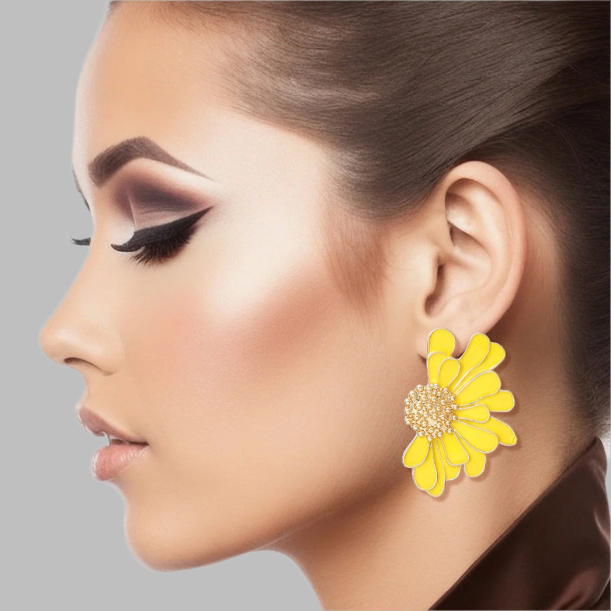 Women's Stud Earrings Gold Metal and Yellow Epoxy Half Daisy Flower Earrings Featuring Gold Studded Center. Post Backing.