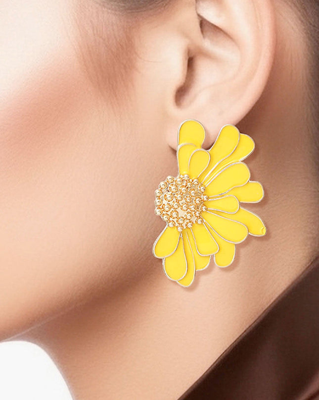 Women's Stud Earrings Gold Metal and Yellow Epoxy Half Daisy Flower Earrings Featuring Gold Studded Center. Post Backing.