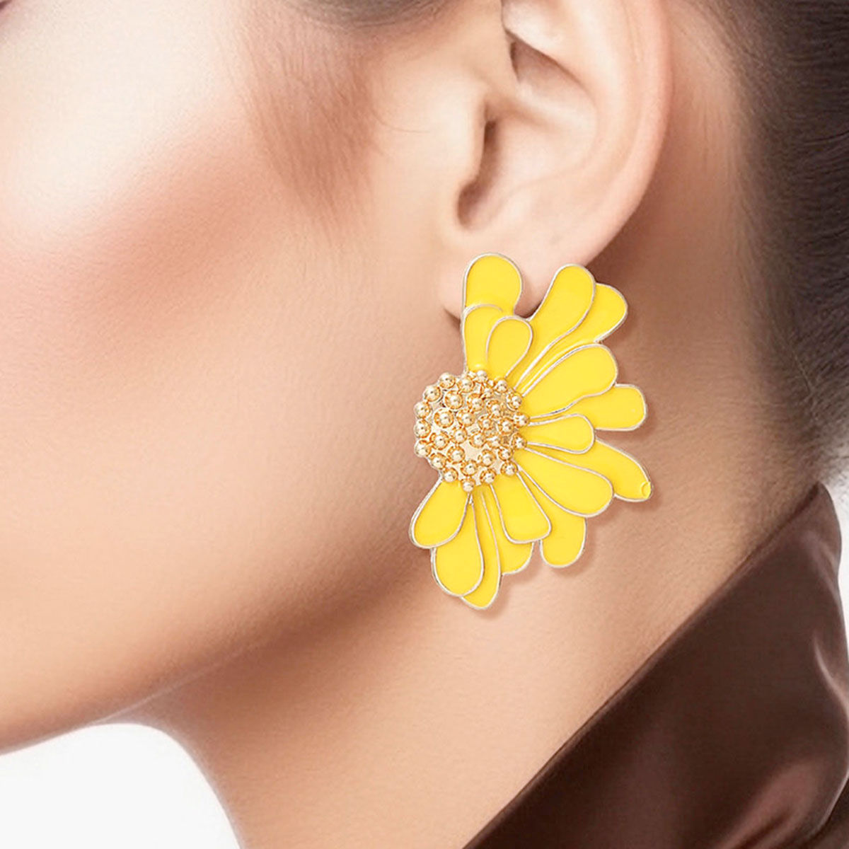 Women's Stud Earrings Gold Metal and Yellow Epoxy Half Daisy Flower Earrings Featuring Gold Studded Center. Post Backing.