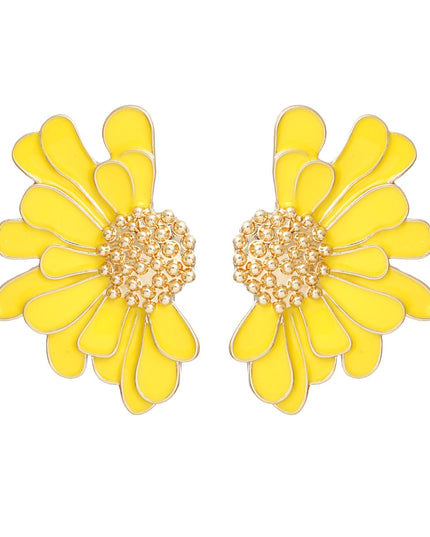 Women's Stud Earrings Gold Metal and Yellow Epoxy Half Daisy Flower Earrings Featuring Gold Studded Center. Post Backing.