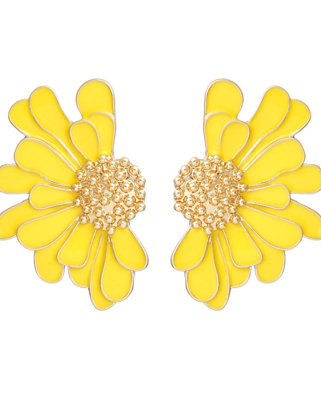Women's Stud Earrings Gold Metal and Yellow Epoxy Half Daisy Flower Earrings Featuring Gold Studded Center. Post Backing.