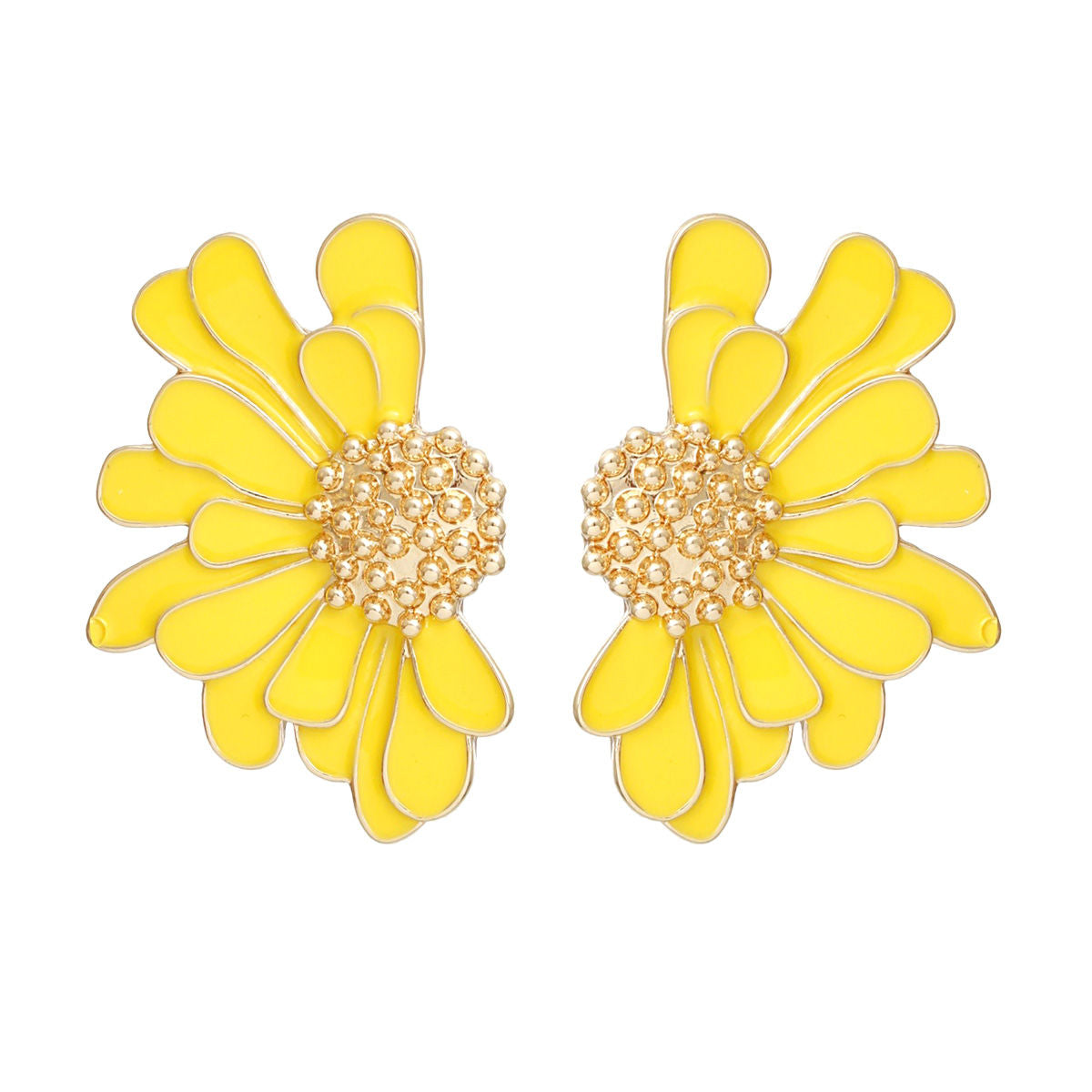 Women's Stud Earrings Gold Metal and Yellow Epoxy Half Daisy Flower Earrings Featuring Gold Studded Center. Post Backing.