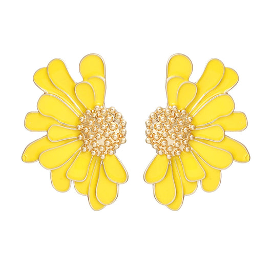 Women's Stud Earrings Gold Metal and Yellow Epoxy Half Daisy Flower Earrings Featuring Gold Studded Center. Post Backing.