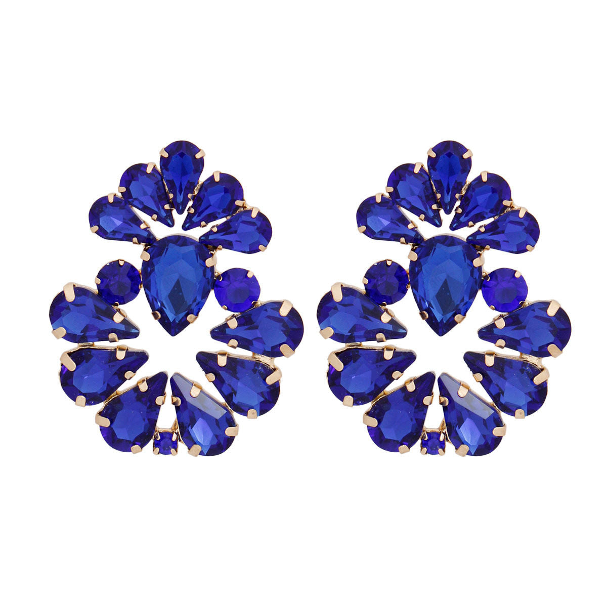 Women's Stud Earrings Gold Metal with Royal Blue Teardrop Crystal Rhinestones Elegant Ladies Earrings. Post Backing. Royal Blue and Gold Sigma Gamma Rho Sorority Colors.