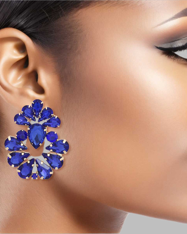 Women's Stud Earrings Gold Metal with Royal Blue Teardrop Crystal Rhinestones Elegant Ladies Earrings. Post Backing. Royal Blue and Gold Sigma Gamma Rho Sorority Colors.