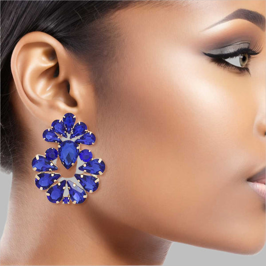Women's Stud Earrings Gold Metal with Royal Blue Teardrop Crystal Rhinestones Elegant Ladies Earrings. Post Backing. Royal Blue and Gold Sigma Gamma Rho Sorority Colors.