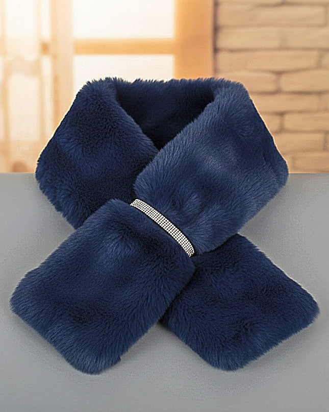 Women's Winter Scarf. Instant Glamor Luxe Faux Fur Bold Navy Blue Collar Winter Stole Scarf Featuring Elegant Dazzling Rhinestone Band Pull Through for a Stay-Put Style. Plush, Ultra-Soft, and Effortlessly Chic. Perfect Statement Accessory for Cold Weather Winter Styling. 100% Polyester.