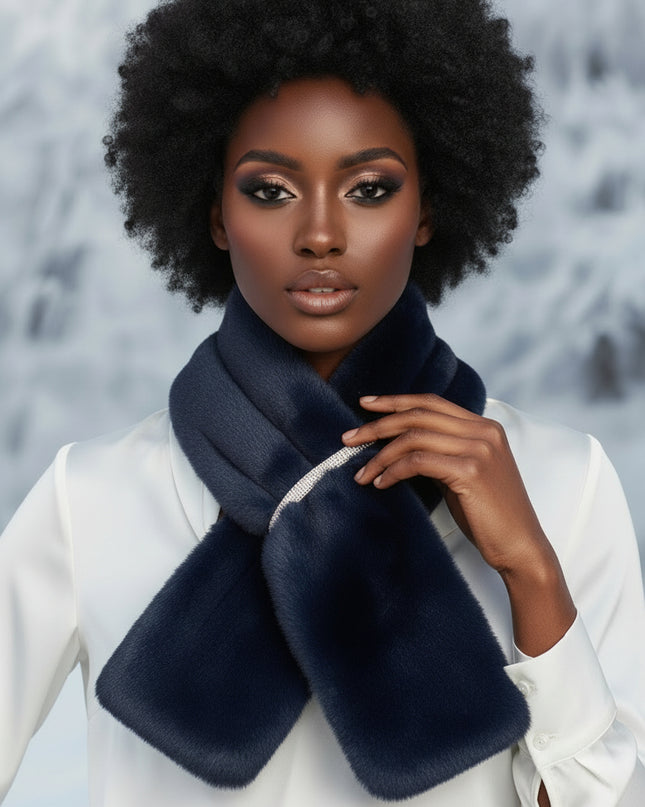 Women's Winter Scarf. Instant Glamor Luxe Faux Fur Bold Navy Blue Collar Winter Stole Scarf Featuring Elegant Dazzling Rhinestone Band Pull Through for a Stay-Put Style. Plush, Ultra-Soft, and Effortlessly Chic. Perfect Statement Accessory for Cold Weather Winter Styling. 100% Polyester.