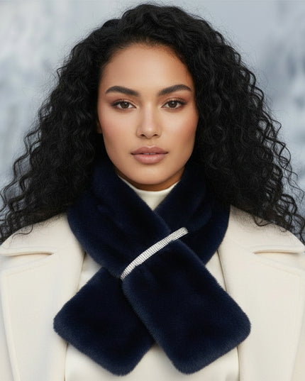 Women's Winter Scarf. Instant Glamor Luxe Faux Fur Bold Navy Blue Collar Winter Stole Scarf Featuring Elegant Dazzling Rhinestone Band Pull Through for a Stay-Put Style. Plush, Ultra-Soft, and Effortlessly Chic. Perfect Statement Accessory for Cold Weather Winter Styling. 100% Polyester.