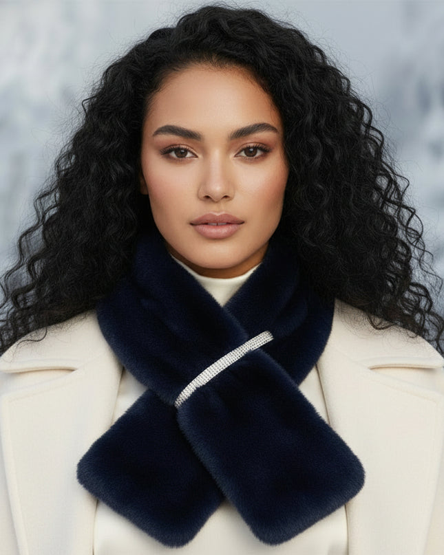 Women's Winter Scarf. Instant Glamor Luxe Faux Fur Bold Navy Blue Collar Winter Stole Scarf Featuring Elegant Dazzling Rhinestone Band Pull Through for a Stay-Put Style. Plush, Ultra-Soft, and Effortlessly Chic. Perfect Statement Accessory for Cold Weather Winter Styling. 100% Polyester.