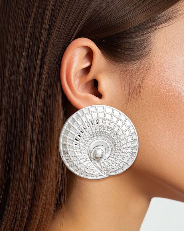 Women's Stud Earrings Seashell-Inspired Swirled Texture Disc Large Silver Metal Stud Earrings.