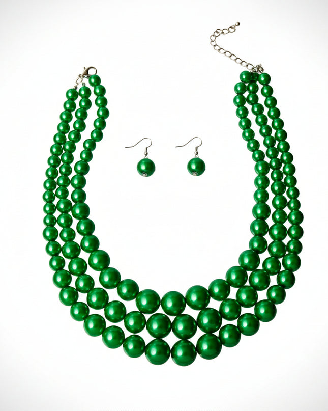 Multi Strand Green Pearl Necklace Set