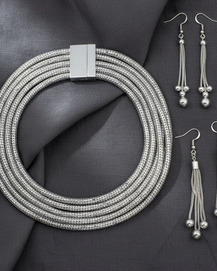 Women's Chain Necklace Set. Office to Evening Versatility 5 Strand Silver Metal Mesh Snake Chain Collar Necklace Featuring Magnetic Closure. Necklace Measures 1.5 inches wide.