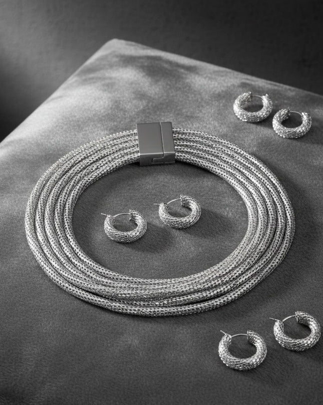 Women's Chain Necklace Set. Office to Evening Versatility 5 Strand Silver Metal Mesh Snake Chain Collar Necklace Featuring Magnetic Closure. Necklace Measures 1.5 inches wide.