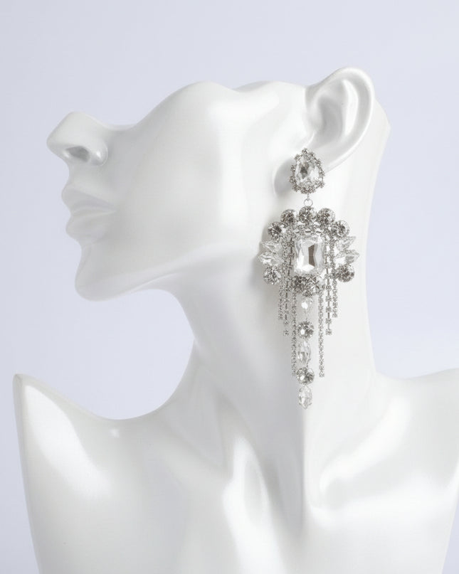 Silver Arched Glass Crystal Chandelier Earrings
