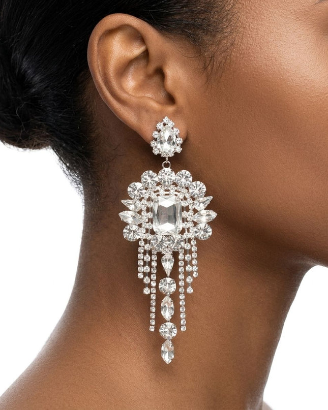 Silver Arched Glass Crystal Chandelier Earrings