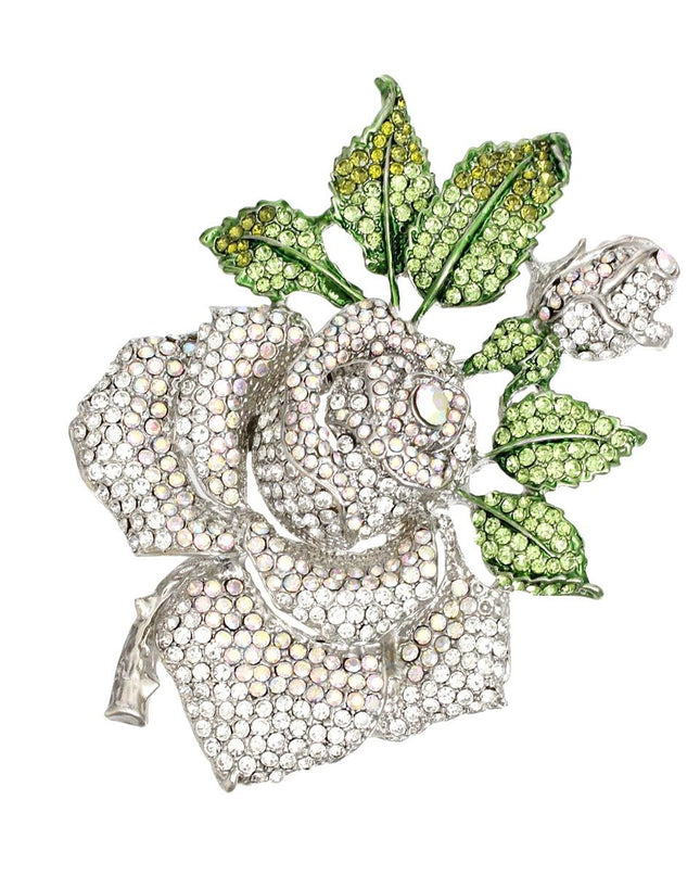 Women's Brooch Pin XL Silver Metal Blooming Rose and Leaf Shaped Brooch Featuring Clear and Aurora Borealis Rhinestones with Green Leaf Stone Details. Safety Pin C Clasp Closure. Heavy.