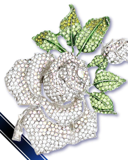 Women's Brooch Pin XL Silver Metal Blooming Rose and Leaf Shaped Brooch Featuring Clear and Aurora Borealis Rhinestones with Green Leaf Stone Details. Safety Pin C Clasp Closure. Heavy.