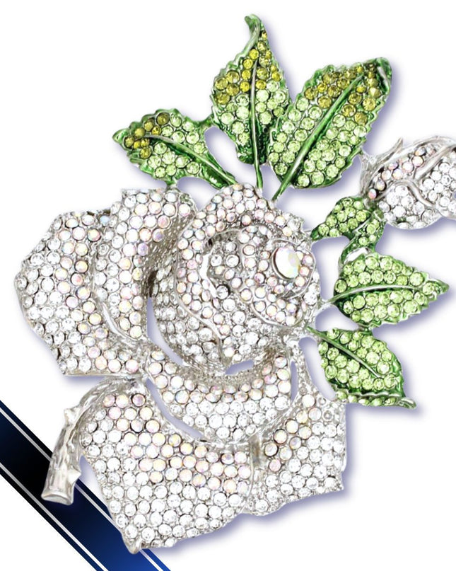 Women's Brooch Pin XL Silver Metal Blooming Rose and Leaf Shaped Brooch Featuring Clear and Aurora Borealis Rhinestones with Green Leaf Stone Details. Safety Pin C Clasp Closure. Heavy.