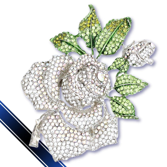 Women's Brooch Pin XL Silver Metal Blooming Rose and Leaf Shaped Brooch Featuring Clear and Aurora Borealis Rhinestones with Green Leaf Stone Details. Safety Pin C Clasp Closure. Heavy.