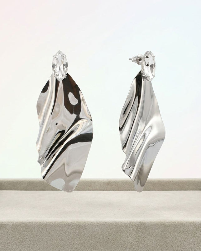 Silver Bent Metal Marquise Crystal Drop Earrings
