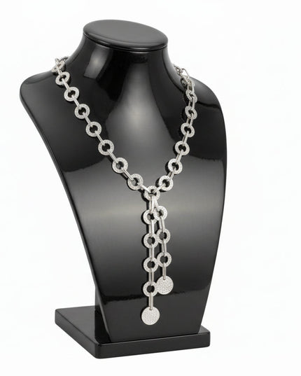 Women's Y Negligee Necklace Set. Heavy Textured Chunky Silver Metal Ring and Oval Link Chain Y Style Necklace Set Featuring Double Chain Drop measuring 9" long. Includes Matching Button-Shaped Stud Earrings.