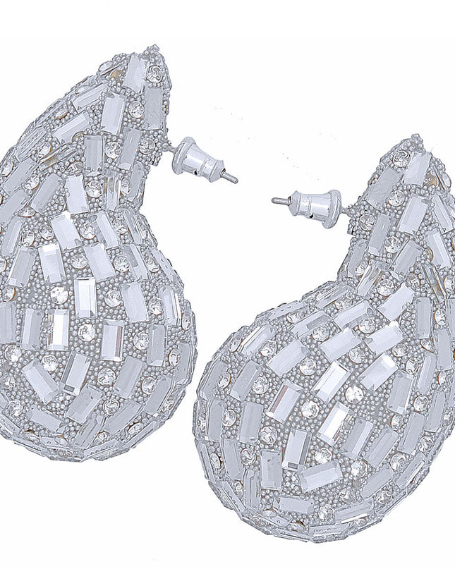 Women's Stud Earrings Large Chunky Silver Clear Baguette Rhinestone Embellished Teardrop Earrings for Women.
