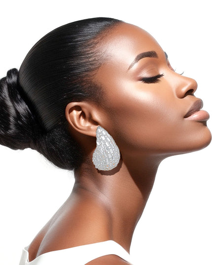 Women's Stud Earrings Large Chunky Silver Clear Baguette Rhinestone Embellished Teardrop Earrings for Women.