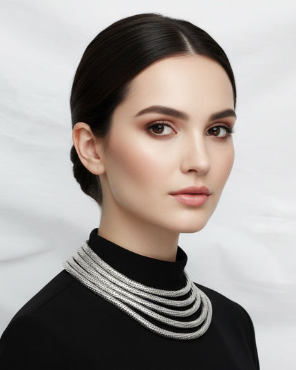 Women's Chain Necklace Set. Office to Evening Versatility 5 Strand Silver Metal Mesh Snake Chain Collar Necklace Featuring Magnetic Closure. Necklace Measures 1.5 inches wide.