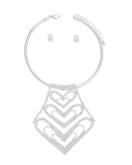 Choker Silver Rigid Rhinestone Heart Set for Women
