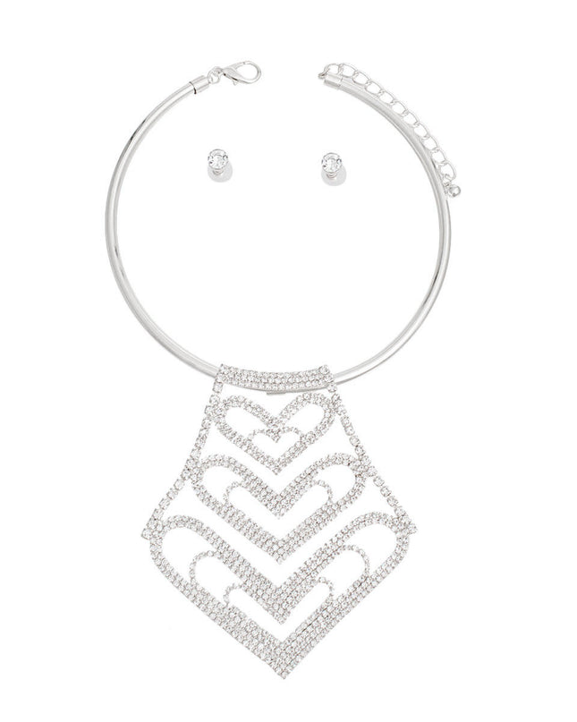Choker Silver Rigid Rhinestone Heart Set for Women