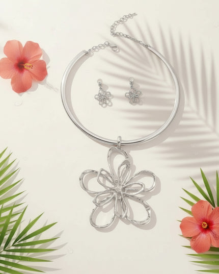 Silver Metal Rigid Collar Necklace Set Featuring Hammered Metal Flower Pendant. Pendant measures 4 inches long and 3.25 inches wide.