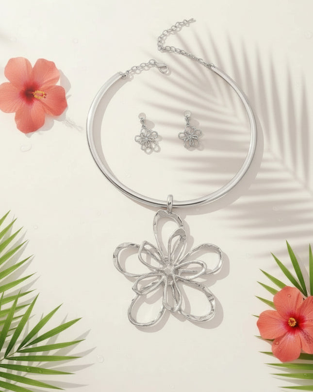 Silver Metal Rigid Collar Necklace Set Featuring Hammered Metal Flower Pendant. Pendant measures 4 inches long and 3.25 inches wide.