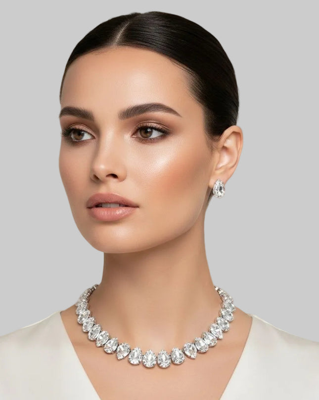 Silver Teardrop Crystals Gemstone Collar Necklace