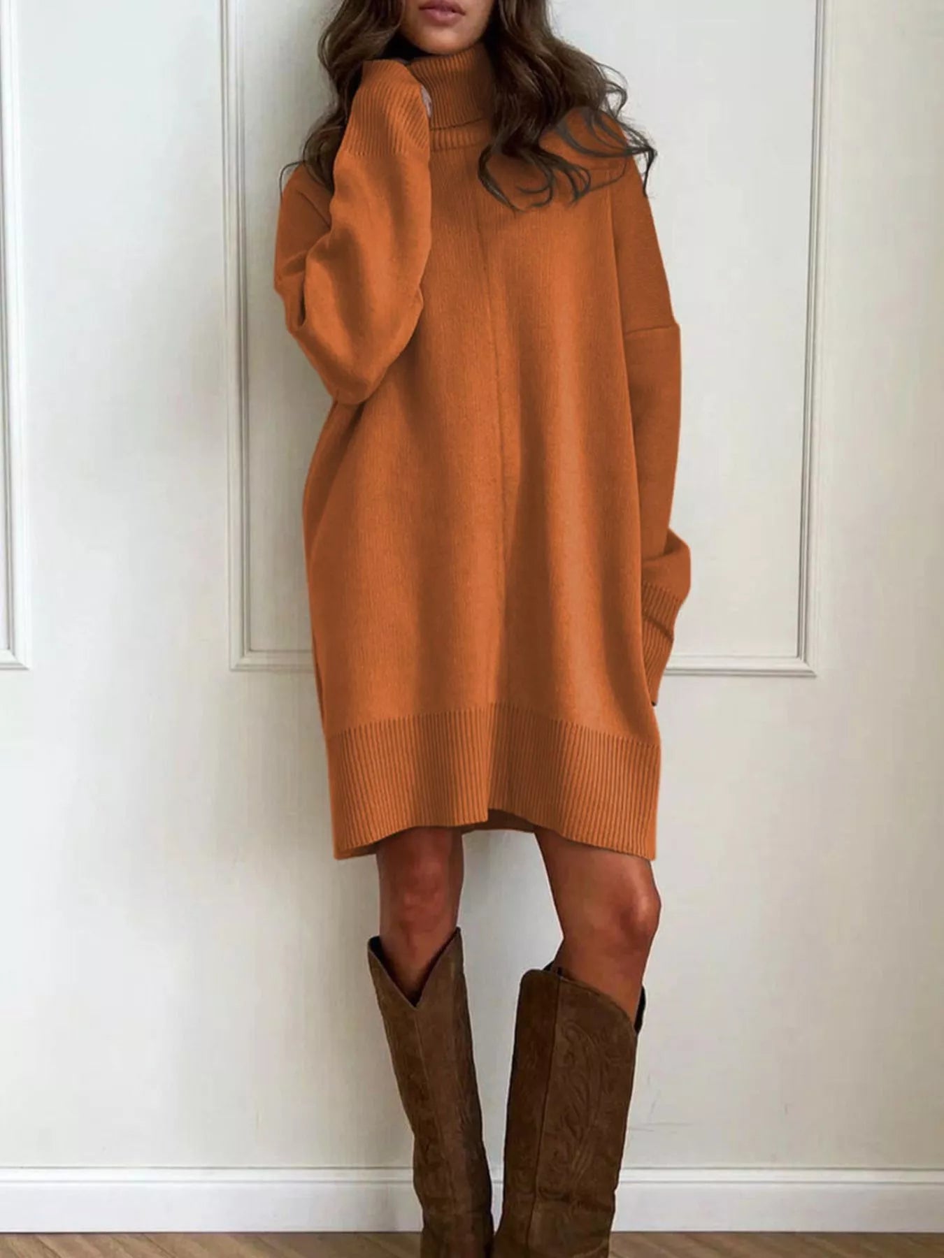  Long orange sweater dress with brown knee-high boots