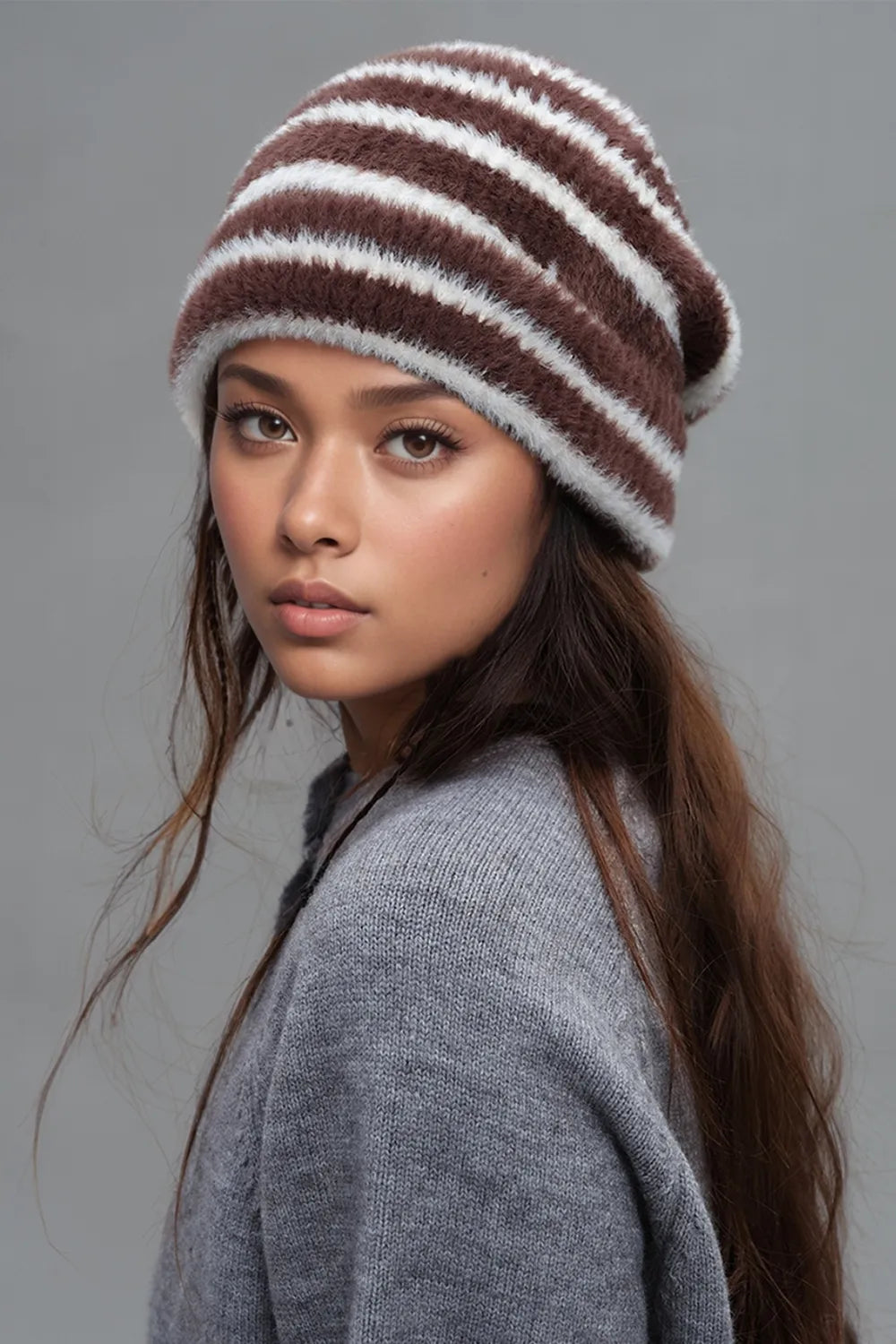  Beige & White Striped Thermal Hat