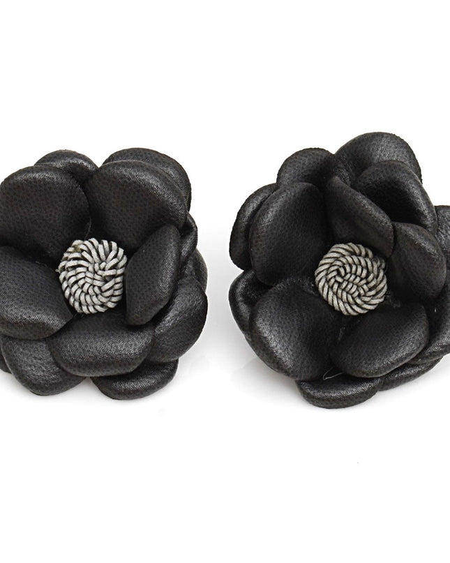 Women's Stud Earrings. Natural Meets Modern Black Faux Leather Layered Petal Flower Shaped Stud Earrings Featuring Dimensional Design. 