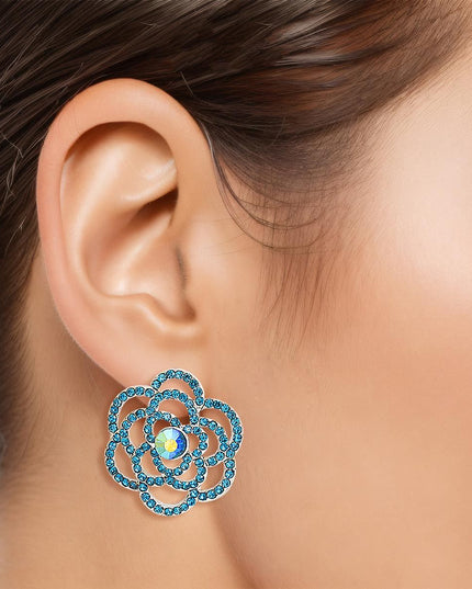 Women's Stud Earrings Silver Metal and Aqua Blue Rhinestone Cutout Rose Flower Design Studs. Post Backing.