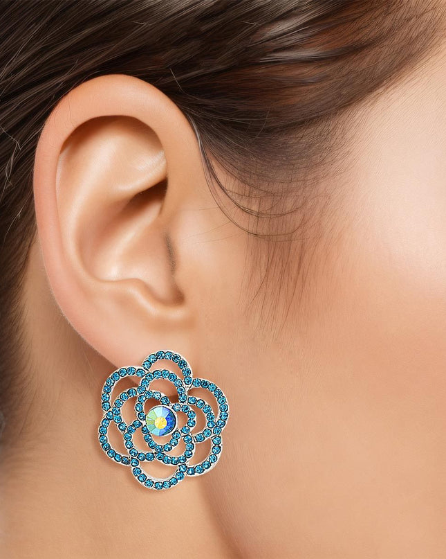Women's Stud Earrings Silver Metal and Aqua Blue Rhinestone Cutout Rose Flower Design Studs. Post Backing.