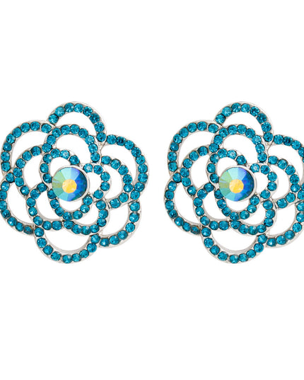 Women's Stud Earrings Silver Metal and Aqua Blue Rhinestone Cutout Rose Flower Design Studs. Post Backing.