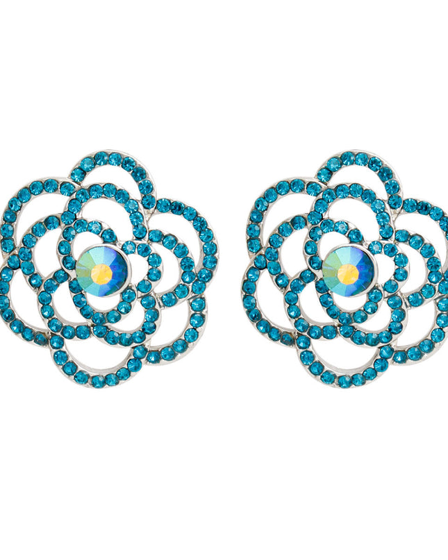 Women's Stud Earrings Silver Metal and Aqua Blue Rhinestone Cutout Rose Flower Design Studs. Post Backing.
