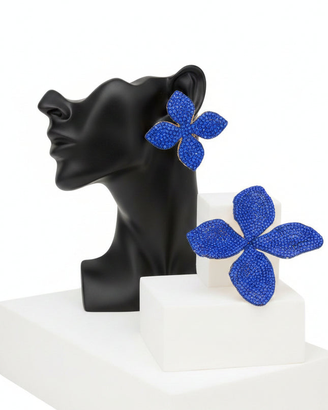 Women's Stud Earrings. Nature-inspired Elegance Gold Metal Encrusted with Brilliant Royal Blue Rhinestones Large Dimensional Petal Flower Shaped Stud Earrings. Textured Metal Back.