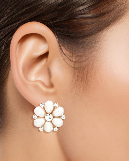 Women's Stud Earrings Small Gold Metal and Cream Pearl Teardrop Flower Studs Featuring Rhinestone Details. Post Backing.