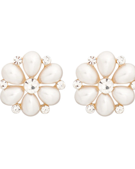 Women's Stud Earrings Small Gold Metal and Cream Pearl Teardrop Flower Studs Featuring Rhinestone Details. Post Backing.